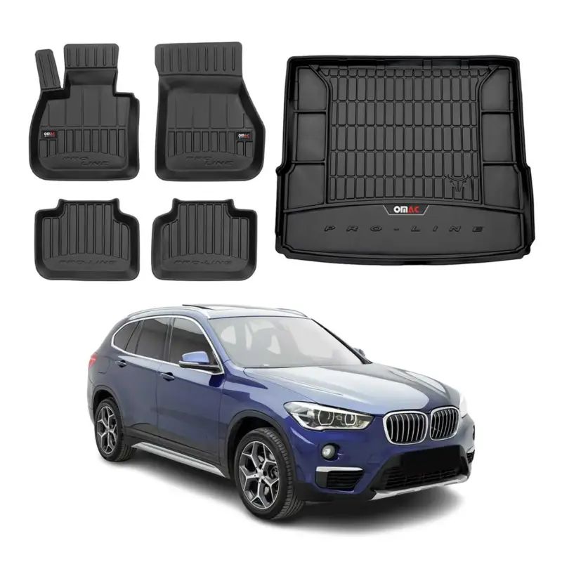 OMAC Fußmatten & Kofferraumwanne Set für BMW X1 F48 2015-2024 Gummi Schwarz 5x Expressversand