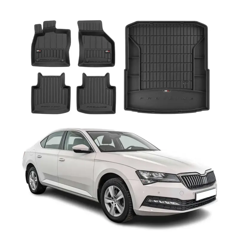 OMAC Fußmatten & Kofferraumwanne Set für Skoda Superb 2015-2024 Gummi Schwarz 5x Aktuell