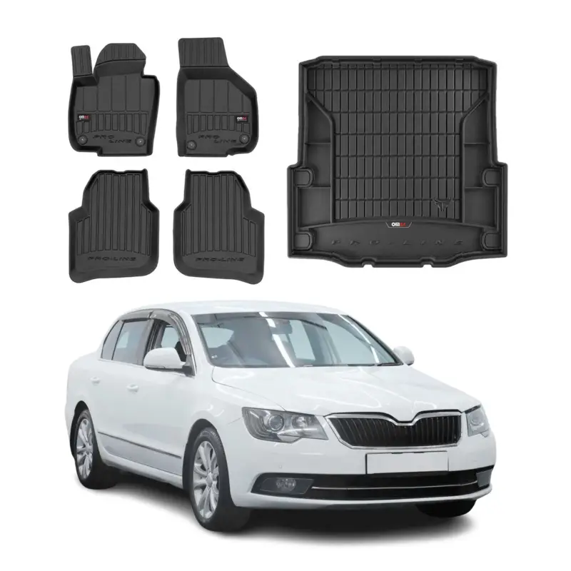 Neu Im Sortiment OMAC Fußmatten & Kofferraumwanne Set für Skoda Superb 2008-2015 Gummi Schwarz 5x