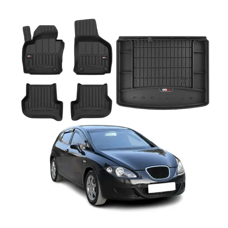 OMAC Fußmatten & Kofferraumwanne Set für Seat Leon 2005-2012 Gummi Schwarz 5x Schnäppchen