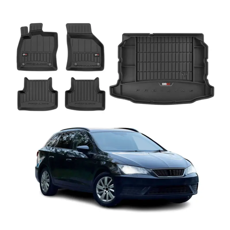 Billig OMAC Fußmatten & Kofferraumwanne Set für Seat Leon 2012-2020 Gummi Schwarz 5x