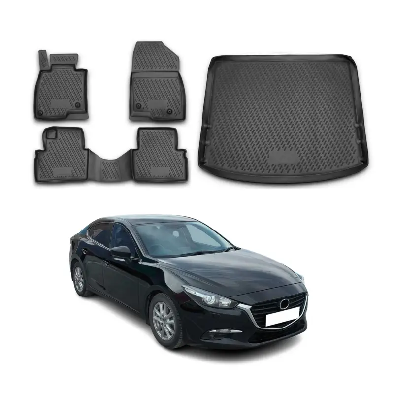Direkt Vom Hersteller Fußmatten & Kofferraumwanne Set für Mazda 3 2013-2021 Schrägheck TPE Schwarz