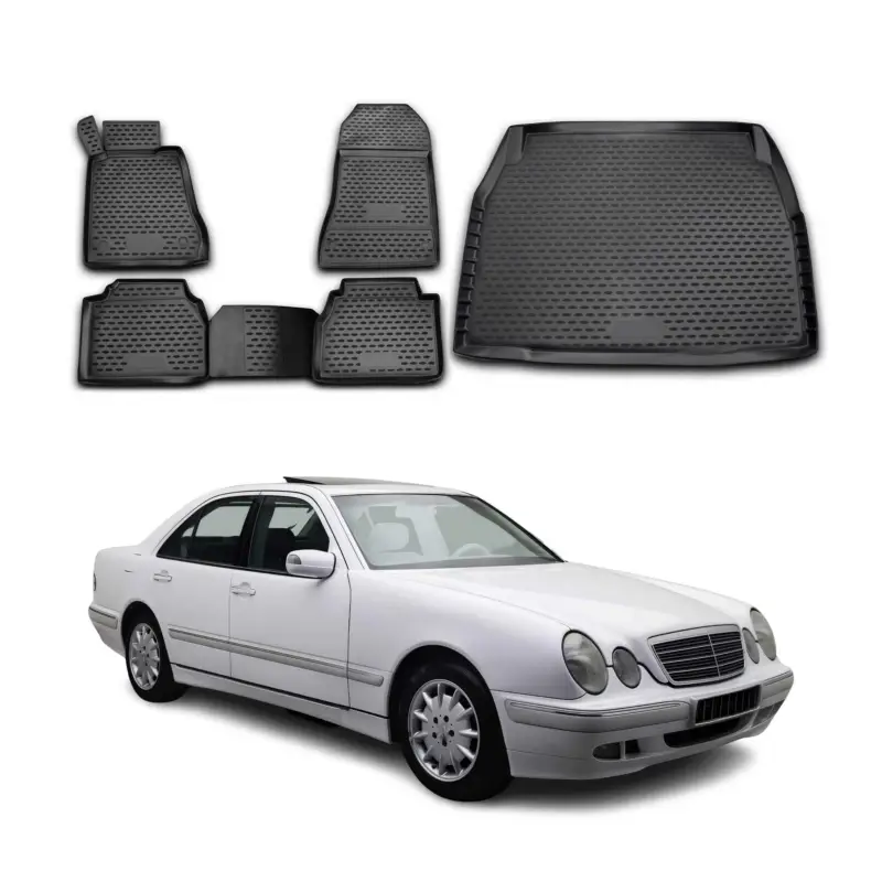 Echt Fußmatten & Kofferraumwanne Set für Mercedes E Klasse W210 1995-2002 TPE Schwarz