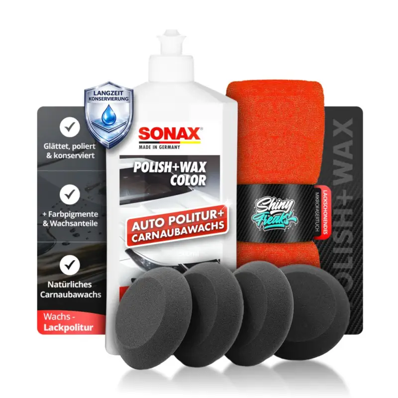 SONAX Politur Set Polish Wax Color Weiß 500ml + Zubehör (6-teilig) Begrenztes Angebot