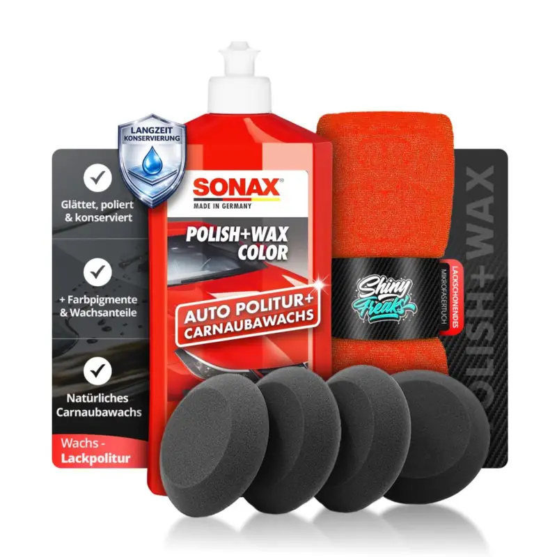 Geprüft SONAX Politur Set Polish Wax Color Rot 500ml + Zubehör (6-teilig)