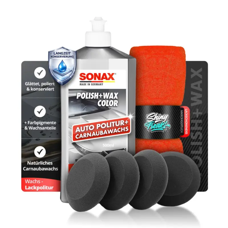 SONAX Politur Set Polish Wax Color Silber/Grau 500ml + Zubehör (6-teilig) Highlight